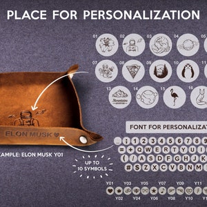 May include: A brown leather tray with a white border and a heart symbol. The tray has the text "ELON MUSK" engraved on it. The image also shows a variety of design options for personalization, including a variety of symbols and fonts.