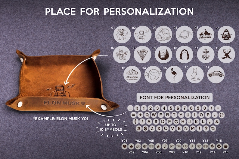 May include: A brown leather tray with a white border and a heart symbol. The tray has the text "ELON MUSK" engraved on it. The image also shows a variety of design options for personalization, including a variety of symbols and fonts.