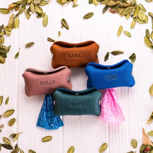 May include: Four small leather pouches with different colored leathers and names: Basil, Dolly, Loki, and Pesto. Each pouch has a silver snap closure and is sitting on a white wooden surface.
