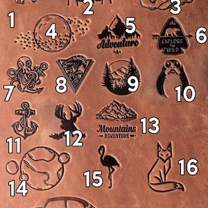 Engraving design options for leather blanket strap including adventure, mountain, anchor and couple symbols, personalized anniversary gift choices