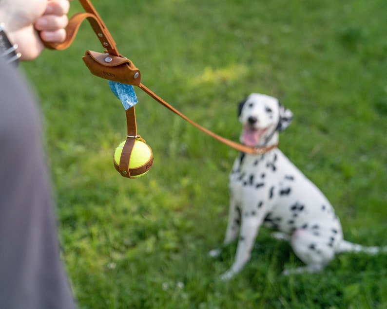 Porte-balle, porte-balle de jeu de chien fait à la main, porte-chien pour balle en cuir, sangle de chien personnalisée image 1