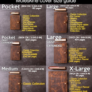 Pode incluir: Guia de tamanhos de capas Moleskine com cadernos de couro castanho nos tamanhos Pocket (9x14 cm), Large (13x21 cm), Medium (11.5x17.5 cm) e X-Large (19x25 cm). Cada caderno tem uma caneta e uma descri&ccedil;&atilde;o do tamanho.