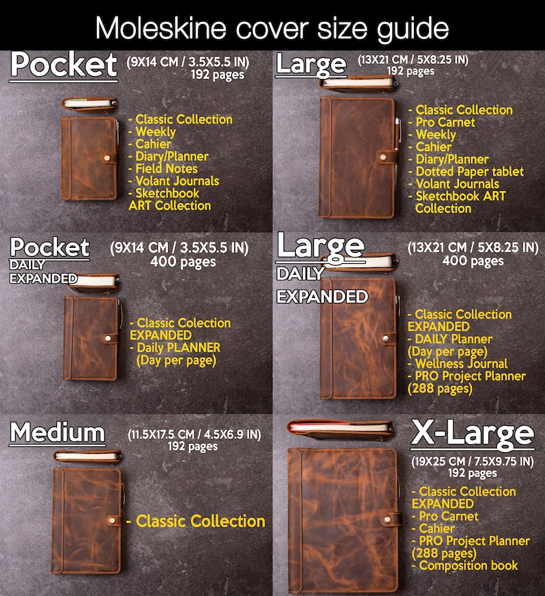 Pode incluir: Guia de tamanhos de capas Moleskine com cadernos de couro castanho nos tamanhos Pocket (9x14 cm), Large (13x21 cm), Medium (11.5x17.5 cm) e X-Large (19x25 cm). Cada caderno tem uma caneta e uma descri&ccedil;&atilde;o do tamanho.