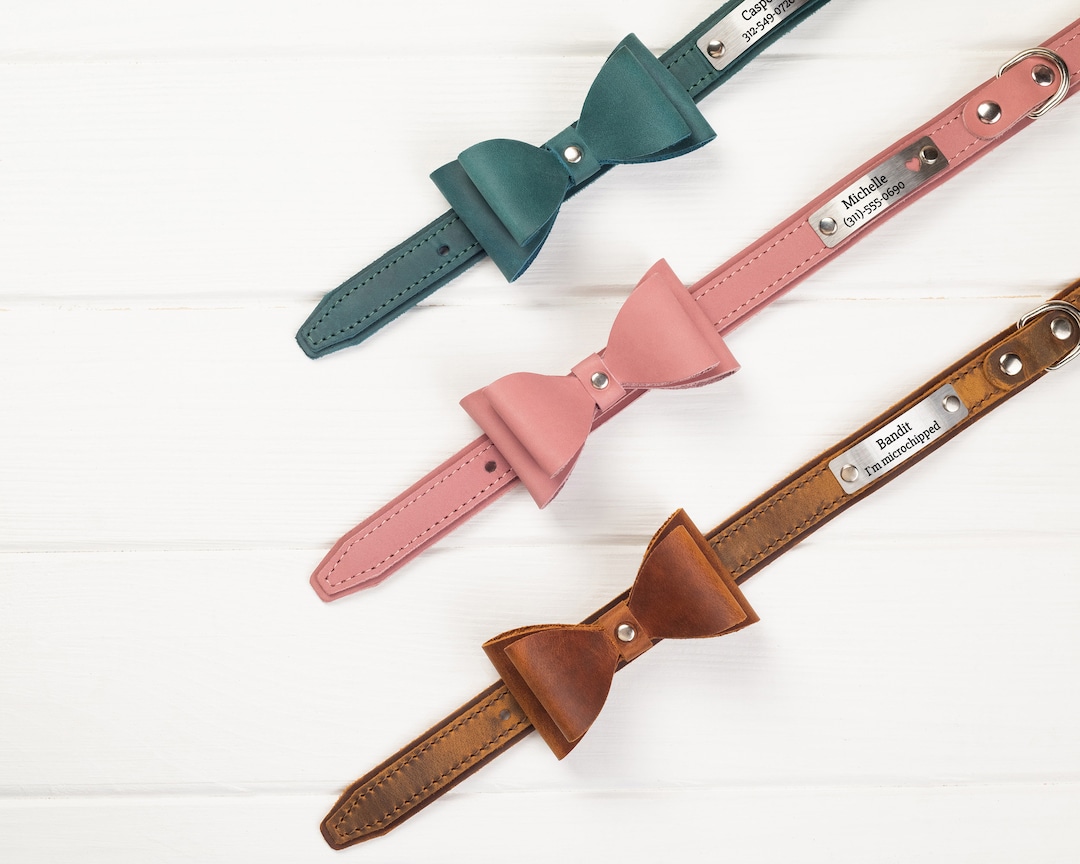 Personalized Bow Tie Dog Collar, Leather Bow Tie Dog Collar, Gift for