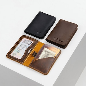 Cartera de cuero con identificación de regalo para papá grabada, billetera delgada de cuero personalizada, regalo de aniversario para él, esposo, novio, hombres, regalo de papá