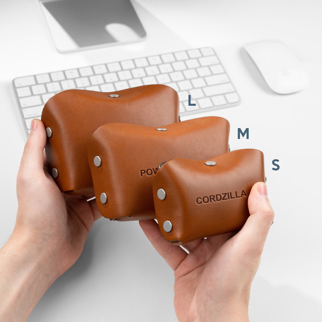 Personalized Leather Tech Cable Organizer, Travel Cord Holder