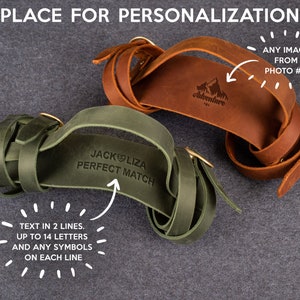 Custom engraving placement on leather blanket carrier straps with text and symbol options, romantic anniversary gift customization