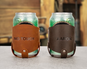 Personalized Can Cooler, Leather Can Cooler, Engraved Can Drink Coolers