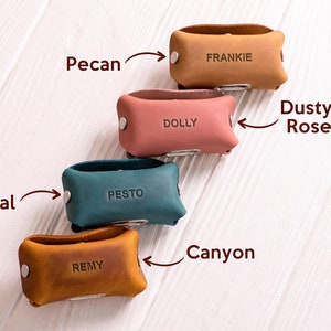 May include: Five leather pouches in different colors, labeled "Frankie", "Dolly", "Pesto", "Remy", and "Canyon". The pouches are arranged in a vertical stack, with the top pouch being "Frankie" and the bottom pouch being "Canyon".