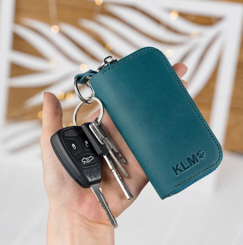 Personalized leather key pouch with monogram, zipper key holder wallet for car keys and house keys, leather anniversary gift
