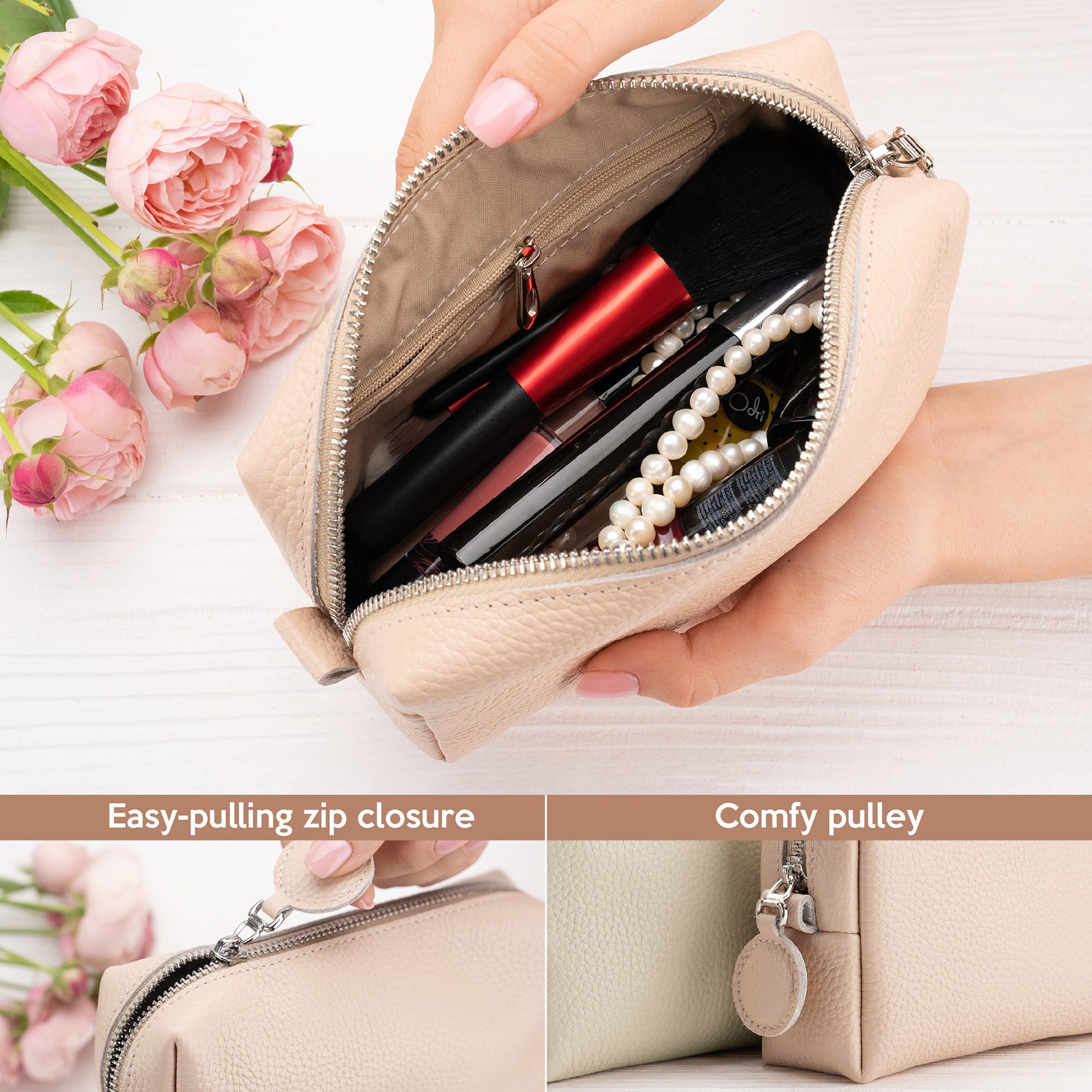 Leather Makeup Bag, Cosmetic Bag Women, Makeup Organizer, Bridesmaid Gift Name, Bridesmaid Gift Proposal, Christmas Gift for her