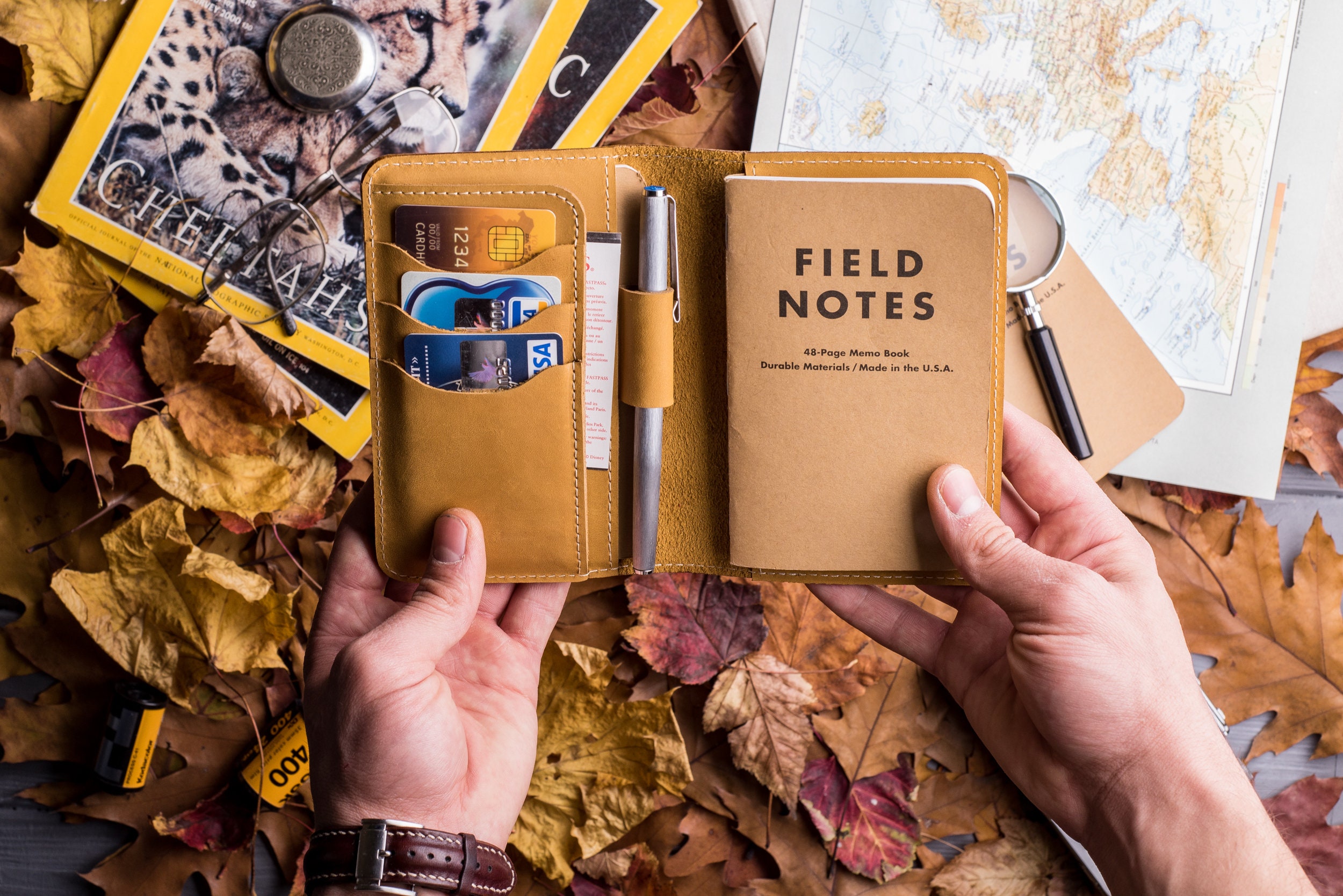 Leather Journal Cover for Moleskine Cahier Notebook Pocket size with pen holder 3.5" x 5.5" Field Notes Cover Personalized Refillable
