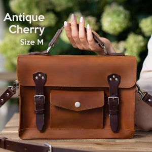 Leather Satchel Bags For Women Size M antique cherry color