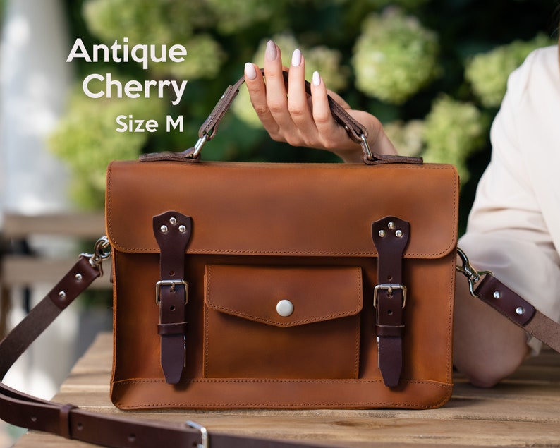 Leather Satchel Bags For Women Size M antique cherry color