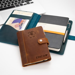 Pode incluir: Uma cole&ccedil;&atilde;o de cadernos de couro e uma caneta sobre uma superf&iacute;cie branca. Um caderno de couro castanho com um desenho floral e o nome "ERICA" em primeiro plano. Um caderno cinzento escuro com uma faixa branca e laranja atr&aacute;s. Um caderno de couro verde-azulado est&aacute; aberto.