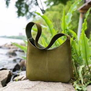 Suede Leather Tote Bag for Women – Minimalist Soft Green Shoulder Purse for Everyday Use, Handmade Eco Bag Gift for Her, Boho Chic Style