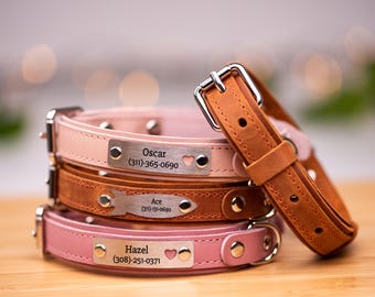 Collar de cuero personalizado para perro con placa de identificación grabada