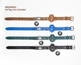 May include: Four leather dog collars in brown, blue, green, and black with a silver name tag and a leather AirTag holder.  WARNING: AirTag not included.