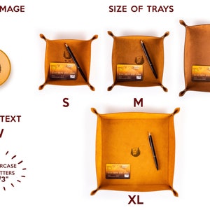 May include: Four leather trays in different sizes, labeled S, M, L, and XL. Each tray has a small card inside and a pen. The card has the text "SIZE WITH GIFT CARD" and a logo of a beard. The text "TLW" is written in a large font above the trays. A smaller leather tray with a mountain logo is shown above the text "SIZE OF IMAGE".