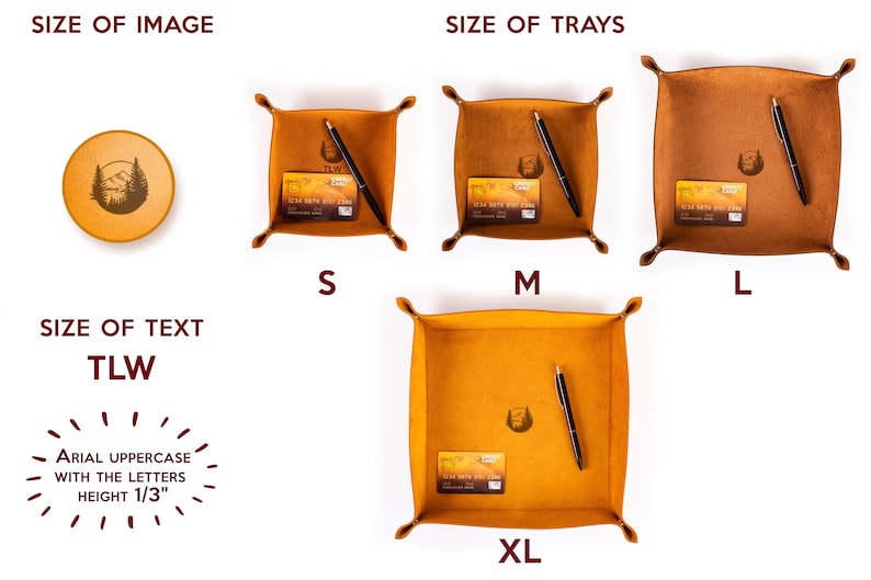 May include: Four leather trays in different sizes, labeled S, M, L, and XL. Each tray has a small card inside and a pen. The card has the text "SIZE WITH GIFT CARD" and a logo of a beard. The text "TLW" is written in a large font above the trays. A smaller leather tray with a mountain logo is shown above the text "SIZE OF IMAGE".