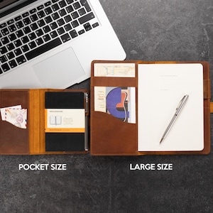 Pode incluir: Dois cadernos de couro castanho, um de bolso e outro de tamanho grande, s&atilde;o exibidos abertos sobre uma superf&iacute;cie escura. O caderno de bolso cont&eacute;m um caderno Moleskine preto. O caderno grande tem uma caneta e um bloco de notas branco. Um laptop est&aacute; no fundo.