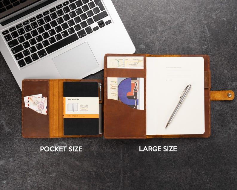 Pode incluir: Dois cadernos de couro castanho, um de bolso e outro de tamanho grande, s&atilde;o exibidos abertos sobre uma superf&iacute;cie escura. O caderno de bolso cont&eacute;m um caderno Moleskine preto. O caderno grande tem uma caneta e um bloco de notas branco. Um laptop est&aacute; no fundo.