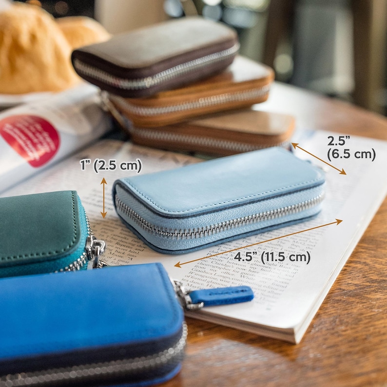 Compact leather key wallet size 4.5 by 2.5 inches, small zipper key organizer case for car key and house keys