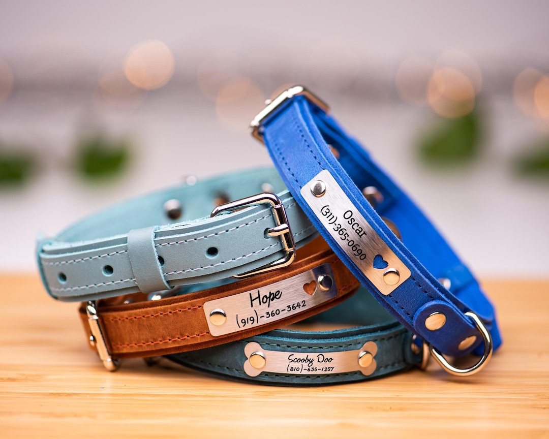Personalized Leather Dog Collar, Engraved Leather Dog Collar, Custom Dog Collar With Name Plate