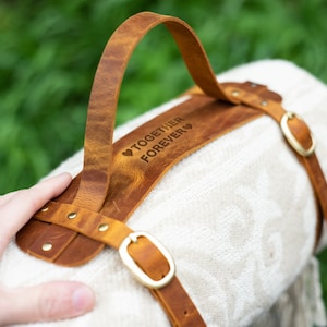 Leather blanket carrier straps engraved "Together Forever", romantic anniversary keepsake gift for couples who love outdoor adventures