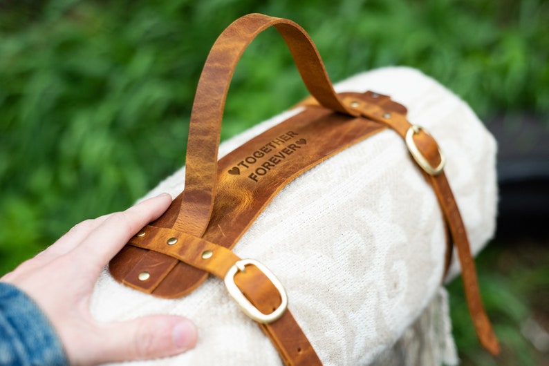 Leather blanket carrier straps engraved "Together Forever", romantic anniversary keepsake gift for couples who love outdoor adventures