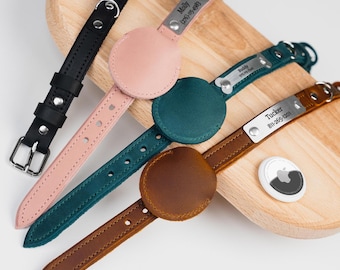 Op de afbeelding: Vier leren hondenhalsbanden met metalen naamplaatjes en bijpassende leren cirkels. De halsbanden zijn roze, groen, bruin en zwart. De naamplaatjes hebben de namen "Molly", "Buddy", "Tucker" en "Pepper" met telefoonnummers.