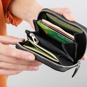 Cartera de piel con cremallera, cartera minimalista para mujer, minicartera para mujer, cartera personalizada para mujer, regalos para ella