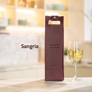 Sangria burgundy leather wine carrier engraved with couple names, personalized wedding anniversary wine gift for husband and wife