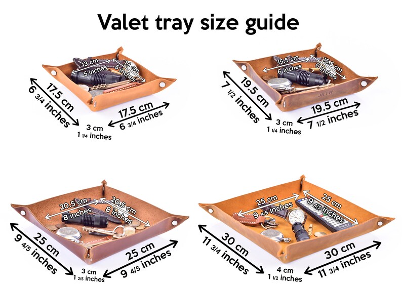 May include: Four brown leather valet trays of different sizes. The trays are shown with various items, such as keys, a flashlight, a watch, and a remote control. The dimensions of each tray are labeled in both inches and centimeters.