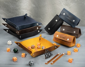 Set di borse per dadi DND con vassoio in pelle personalizzato, regalo di Natale personalizzato, accessori da gioco, giochi di ruolo, organizzatore di giochi di ruolo