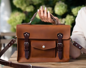 Personalized Leather Satchel Bag, Handmade Top Grain Leather