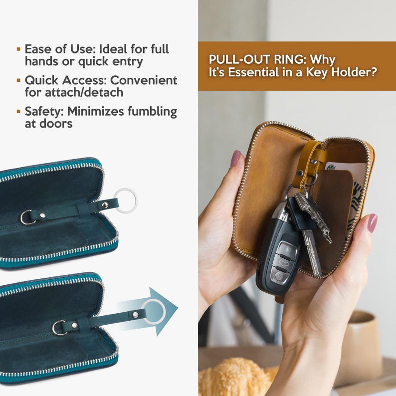 Zipper leather key pouch with pull-out key ring, easy access key holder wallet for quick entry and daily use