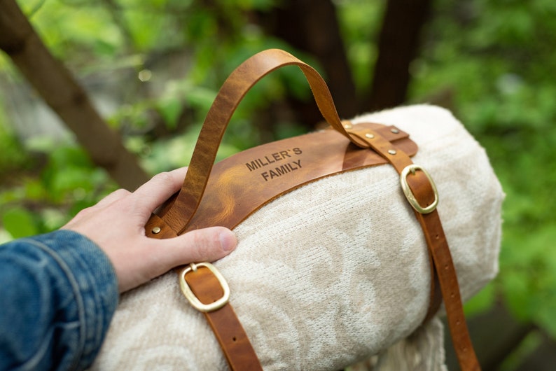 Custom engraved leather blanket holder with carry handle and buckles, meaningful anniversary gift for him or couple adventure gift
