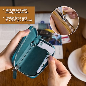 Personalized leather key wallet with card pocket and sturdy smooth zipper, small key pouch organizer for men and women