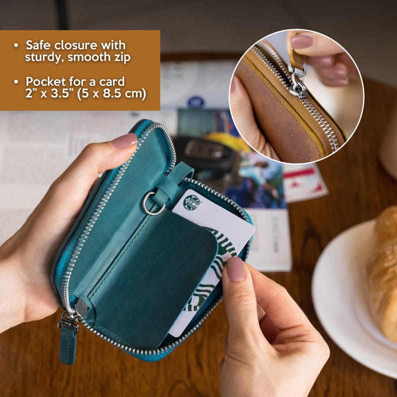 Personalized leather key wallet with card pocket and sturdy smooth zipper, small key pouch organizer for men and women