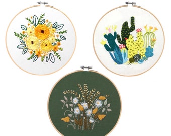 Embroidery Kit For Beginners - Modern Floral Embroidery Kit with Pattern -  Embroidery Hoop Full DIY KIT  Plants, Flower, Cactus