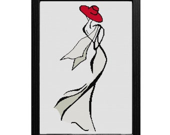 Modern cross stitch pattern- woman with red hat-woman cross stitch pattern- girl cross stitch pattern- silhouette woman cross stitch pattern