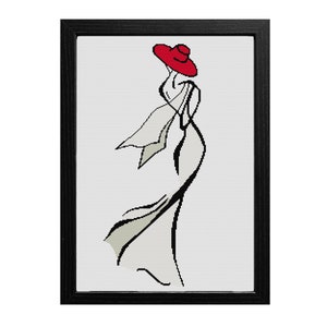 Modern cross stitch pattern- woman with red hat-woman cross stitch pattern- girl cross stitch pattern- silhouette woman cross stitch pattern