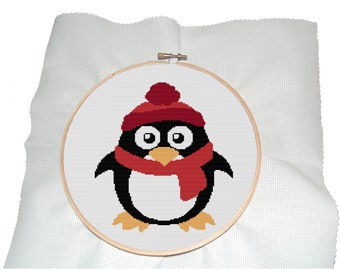 Christmas penguin cross stitch pattern,  penguin cross stitch pattern with  red hat and scarf,PDF, digital cross stitch pattern