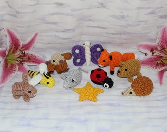 Figures for mobile: fox, ladybug, hedgehog, bird, mouse, rabbit, bee, butterfly, bear and beaver of your choice