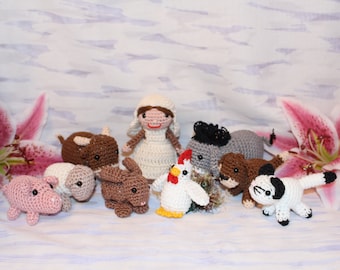 Figurines de jeu ferme en 100% coton : fermière, fermière, âne, taureau, vache, chien, chat, poulet, lapin, chèvre, oie, mouton, cochon