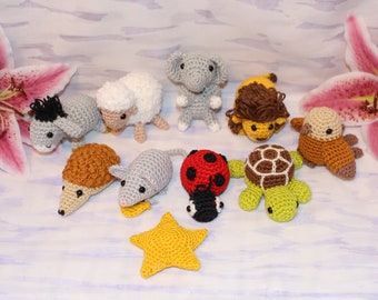 Figures for mobile: sheep, donkey, dog, cat, goat, cow, bull, horse, rooster of your choice