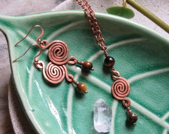 Spiral Necklace & Earrings Set,  Tigers Eye Spiral Jewelry Set, Rustic Copper Gemstone Spiral Earrings, Earthy Tigers Eye Copper Necklace