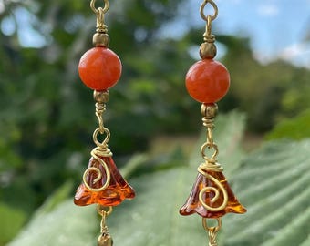 Brass Amber Flower Earrings, Golden Amber Earrings, Carnelian Leaf Earrings, Floral Autumn Earrings, Brass Dangle Earrings, Morning Glory