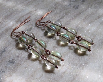 Aura Glass Earrings, Iridescent Earrings, Copper and Glass Earrings, Dangly Glass Earrings